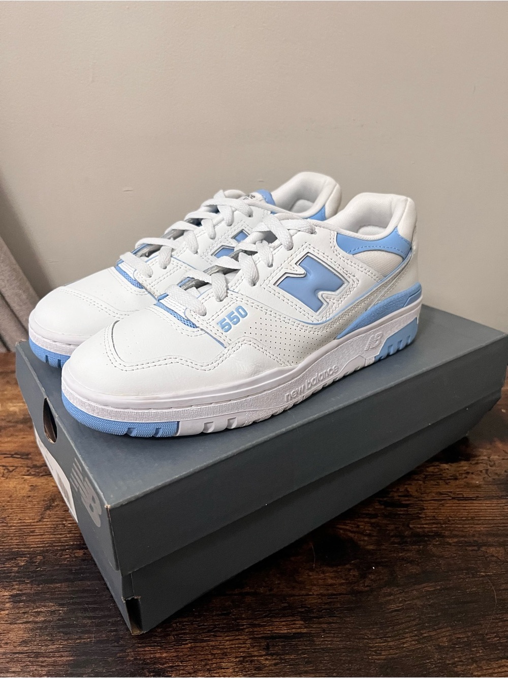 New Balance Women White and Light Blue 550 Sneakers